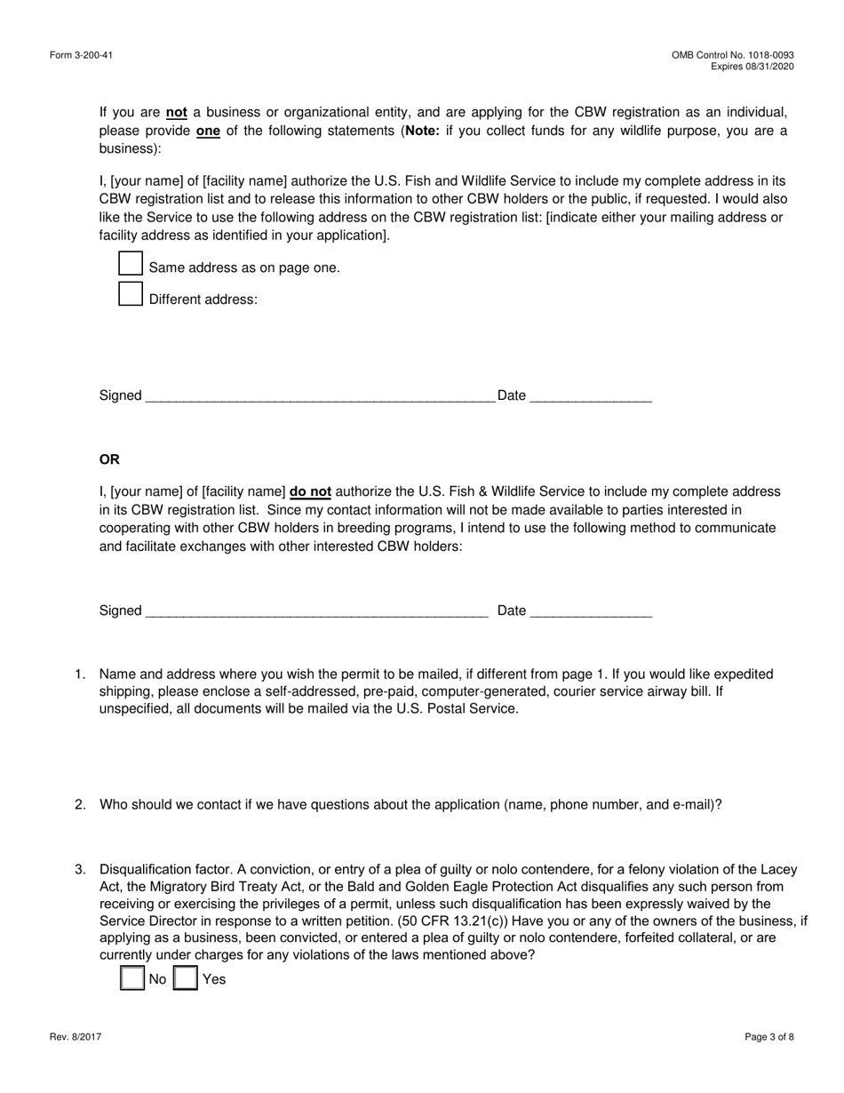 FWS Form 3-200-41 Federal Fish and Wildlife Permit Application Form - Captive-Bred Wildlife Registration (Cbw) Under the U.S. Endangered Species Act (Esa), Page 3