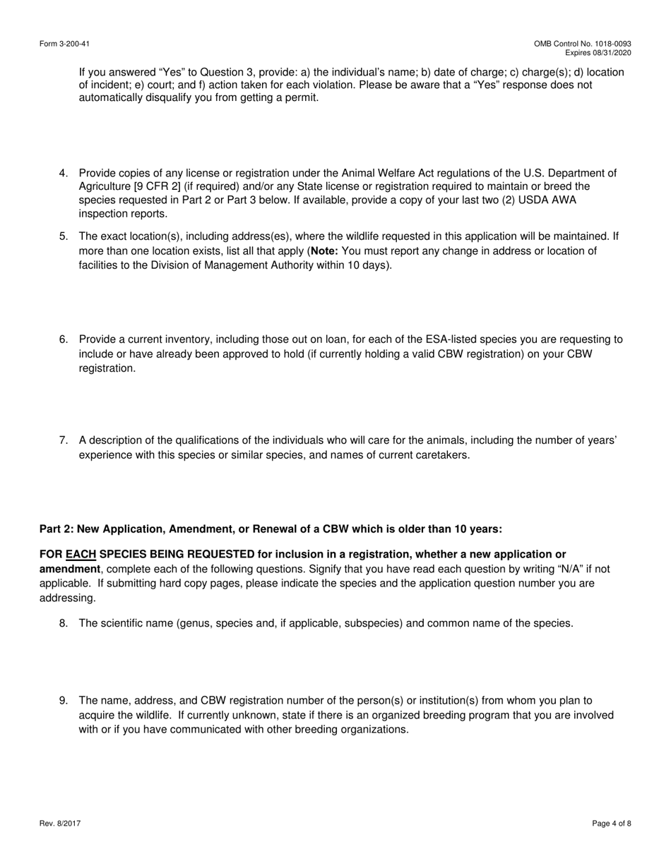FWS Form 3-200-41 Federal Fish and Wildlife Permit Application Form - Captive-Bred Wildlife Registration (Cbw) Under the U.S. Endangered Species Act (Esa), Page 4