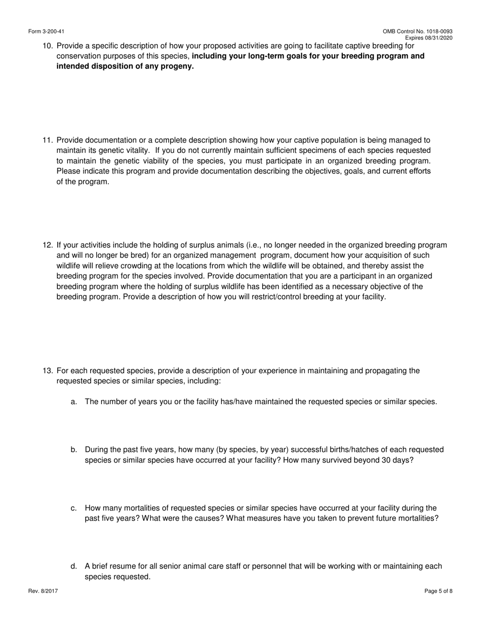 FWS Form 3-200-41 Federal Fish and Wildlife Permit Application Form - Captive-Bred Wildlife Registration (Cbw) Under the U.S. Endangered Species Act (Esa), Page 5