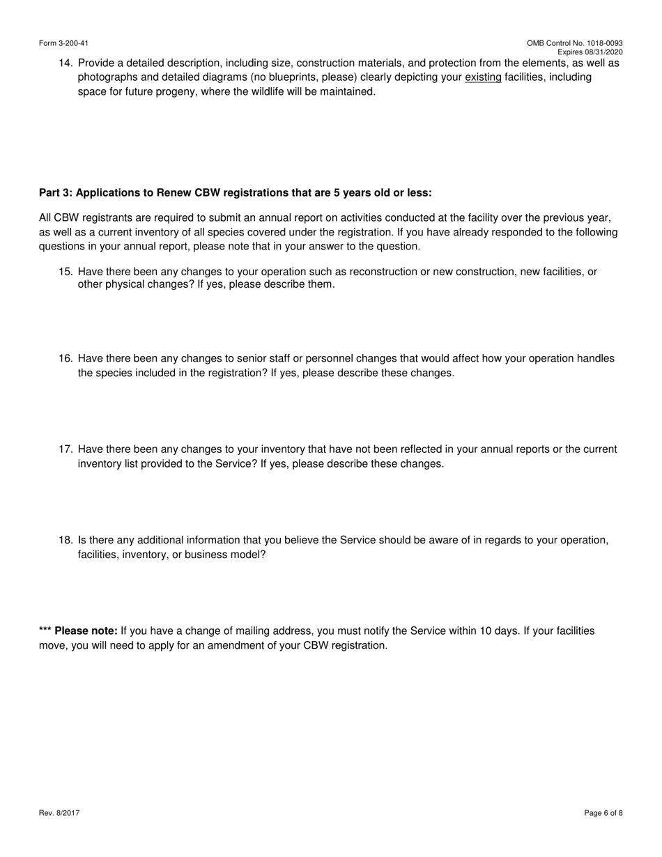 FWS Form 3-200-41 Federal Fish and Wildlife Permit Application Form - Captive-Bred Wildlife Registration (Cbw) Under the U.S. Endangered Species Act (Esa), Page 6