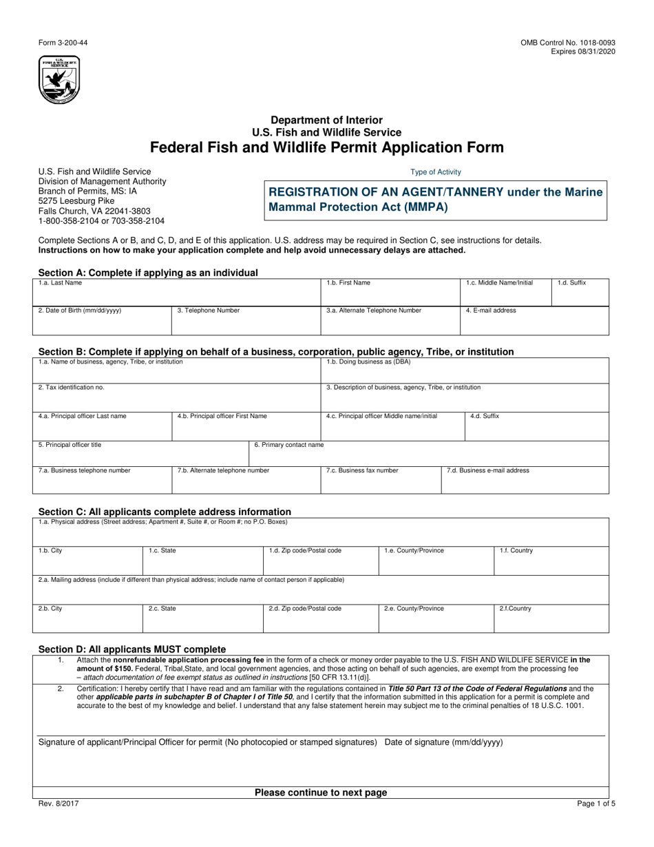 FWS Form 3-200-44 Federal Fish and Wildlife Permit Application Form - Registration of an Agent / Tannery Under the Marine Mammal Protection Act (Mmpa), Page 1