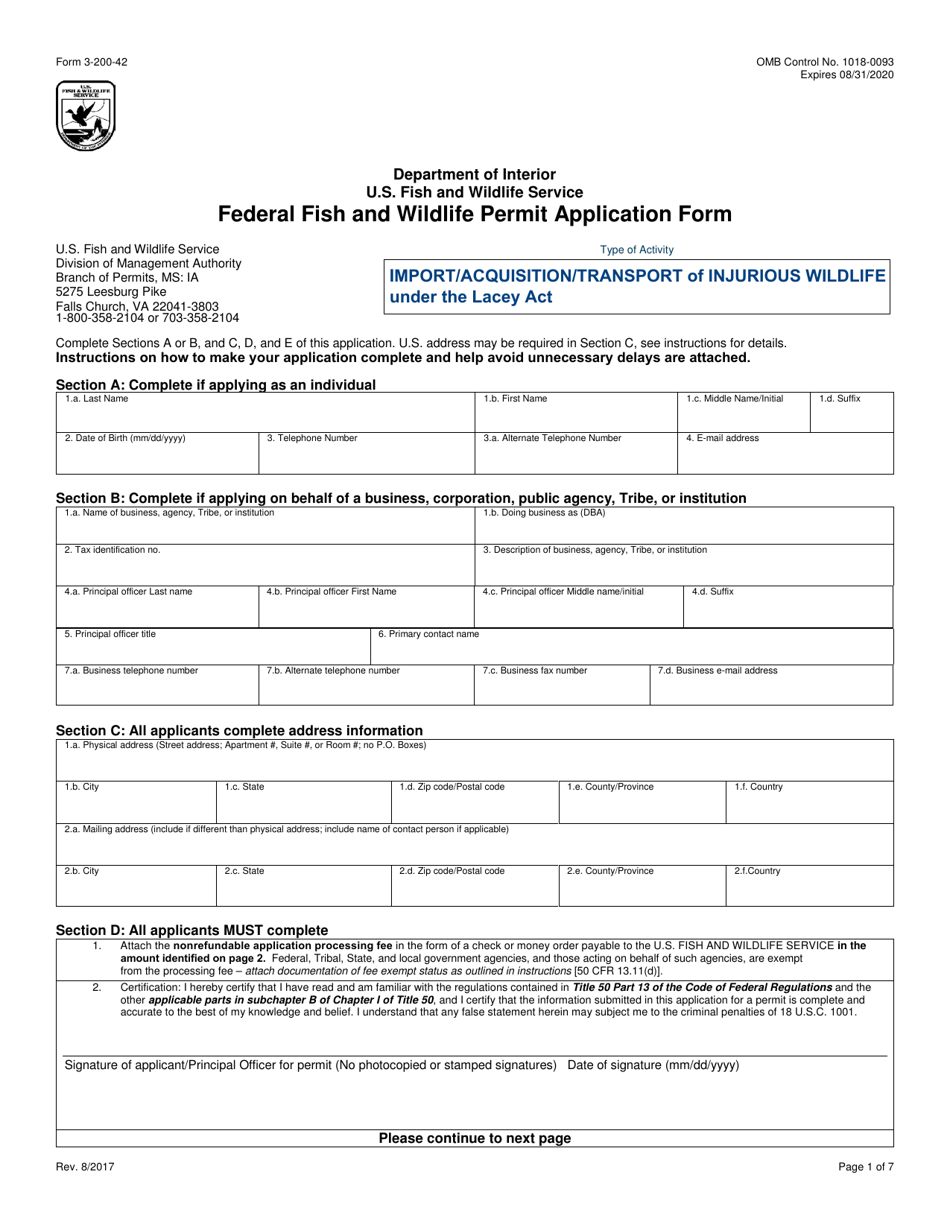 FWS Form 3-200-42 Federal Fish and Wildlife Permit Application Form - Import / Acquisition / Transport of Injurious Wildlife Under the Lacey Act, Page 1