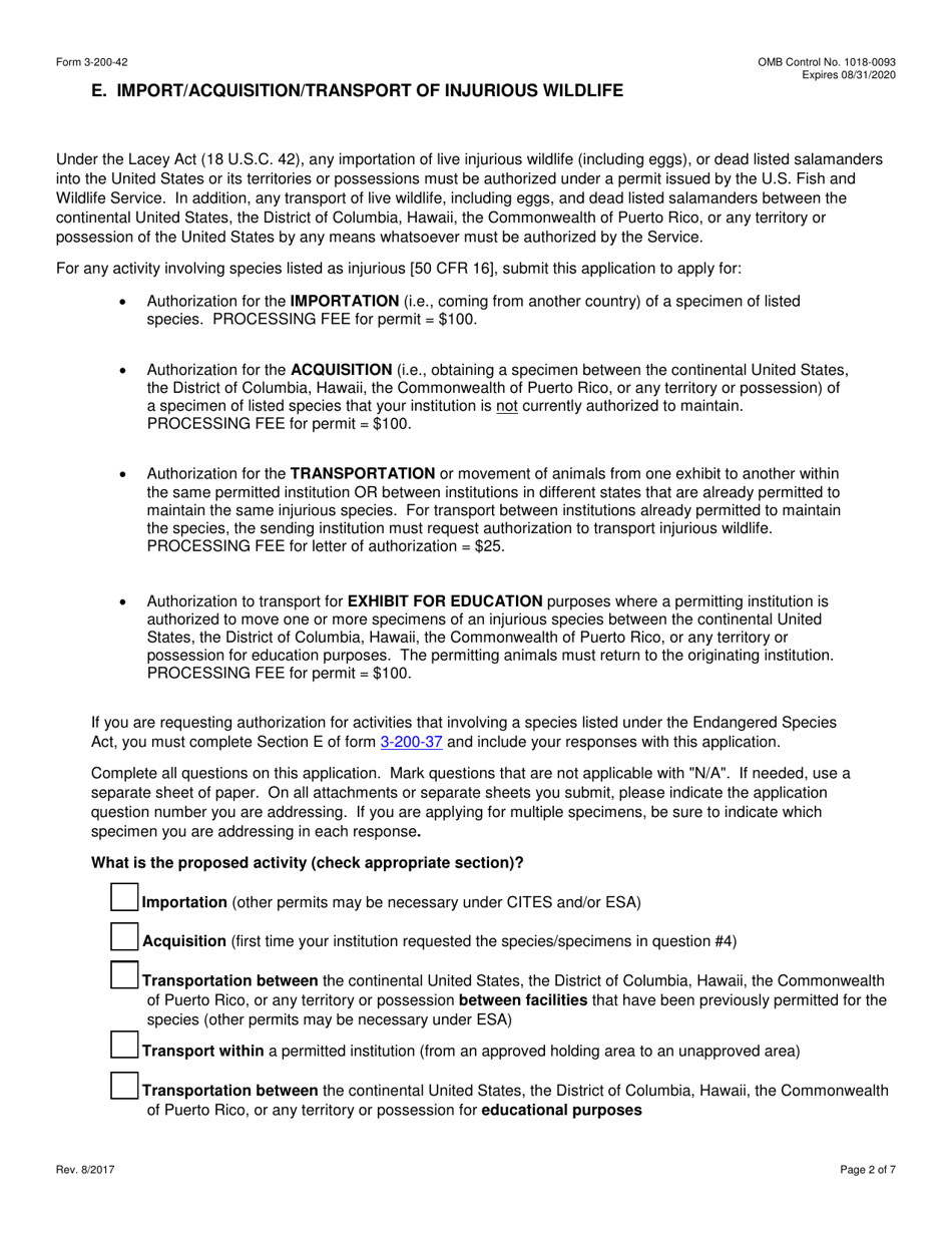FWS Form 3-200-42 Federal Fish and Wildlife Permit Application Form - Import / Acquisition / Transport of Injurious Wildlife Under the Lacey Act, Page 2