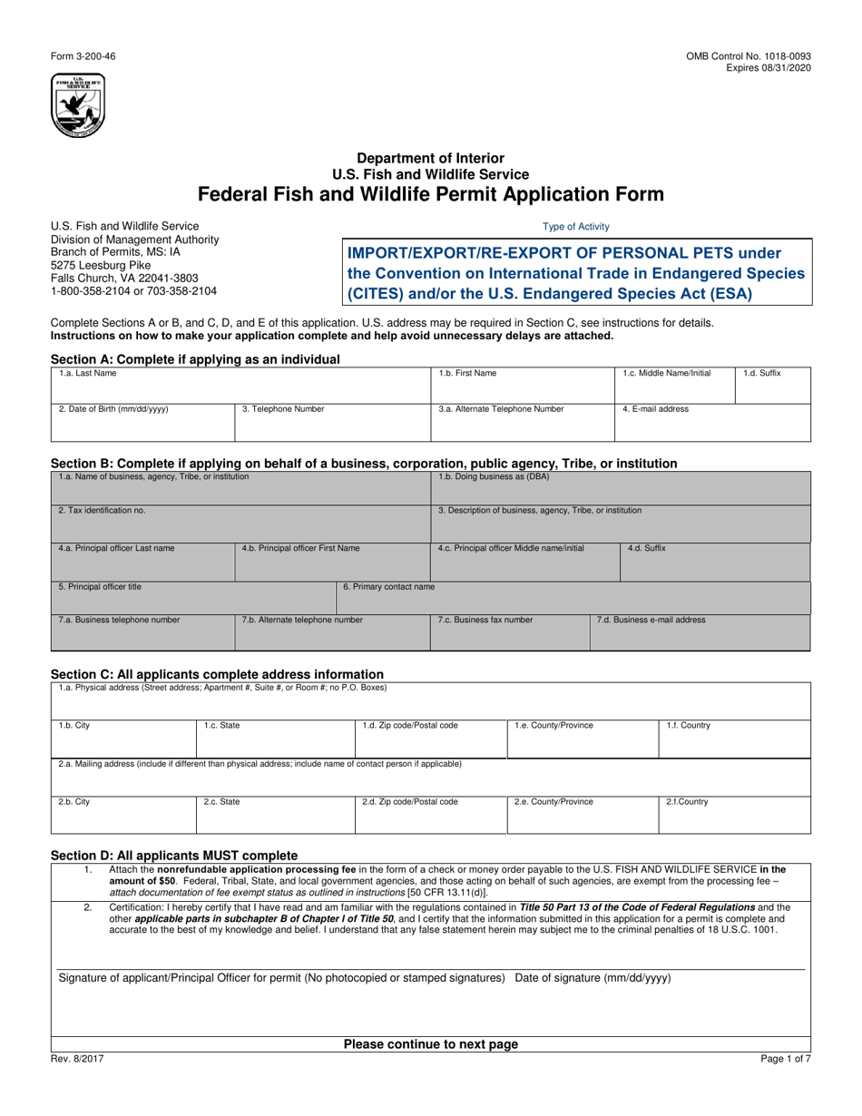 FWS Form 3-200-46 Federal Fish and Wildlife Permit Application Form - Import/Export/Re-export of Personal Pets Under the Convention on International Trade in Endangered Species (Cites) and/or the U.S. Endangered Species Act (Esa), Page 1