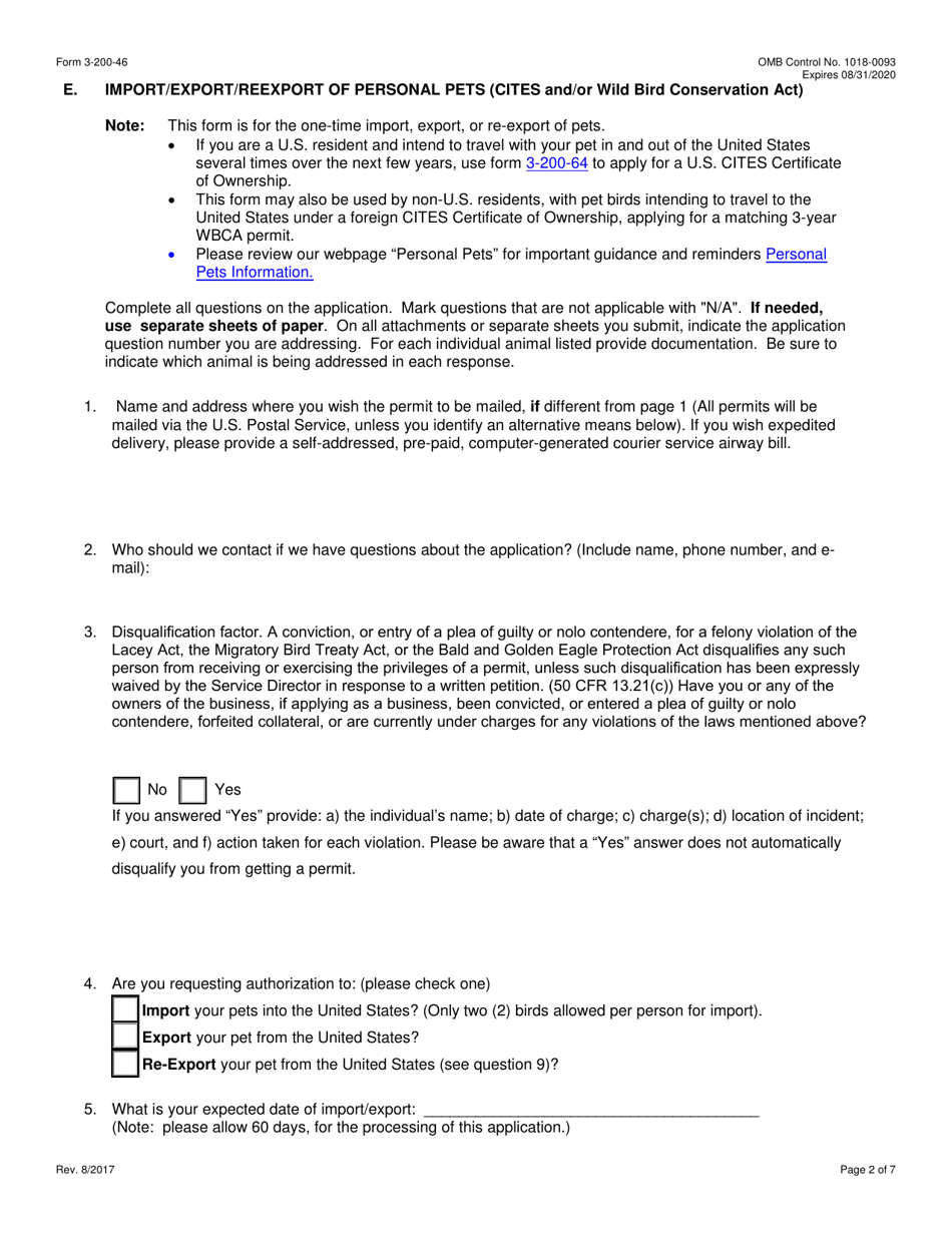 FWS Form 3-200-46 Federal Fish and Wildlife Permit Application Form - Import / Export / Re-export of Personal Pets Under the Convention on International Trade in Endangered Species (Cites) and / or the U.S. Endangered Species Act (Esa), Page 2