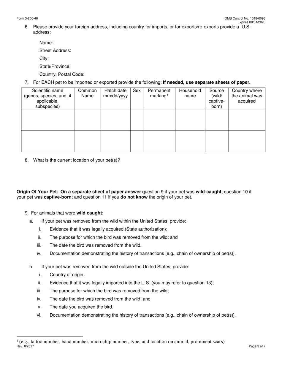 FWS Form 3-200-46 Federal Fish and Wildlife Permit Application Form - Import / Export / Re-export of Personal Pets Under the Convention on International Trade in Endangered Species (Cites) and / or the U.S. Endangered Species Act (Esa), Page 3