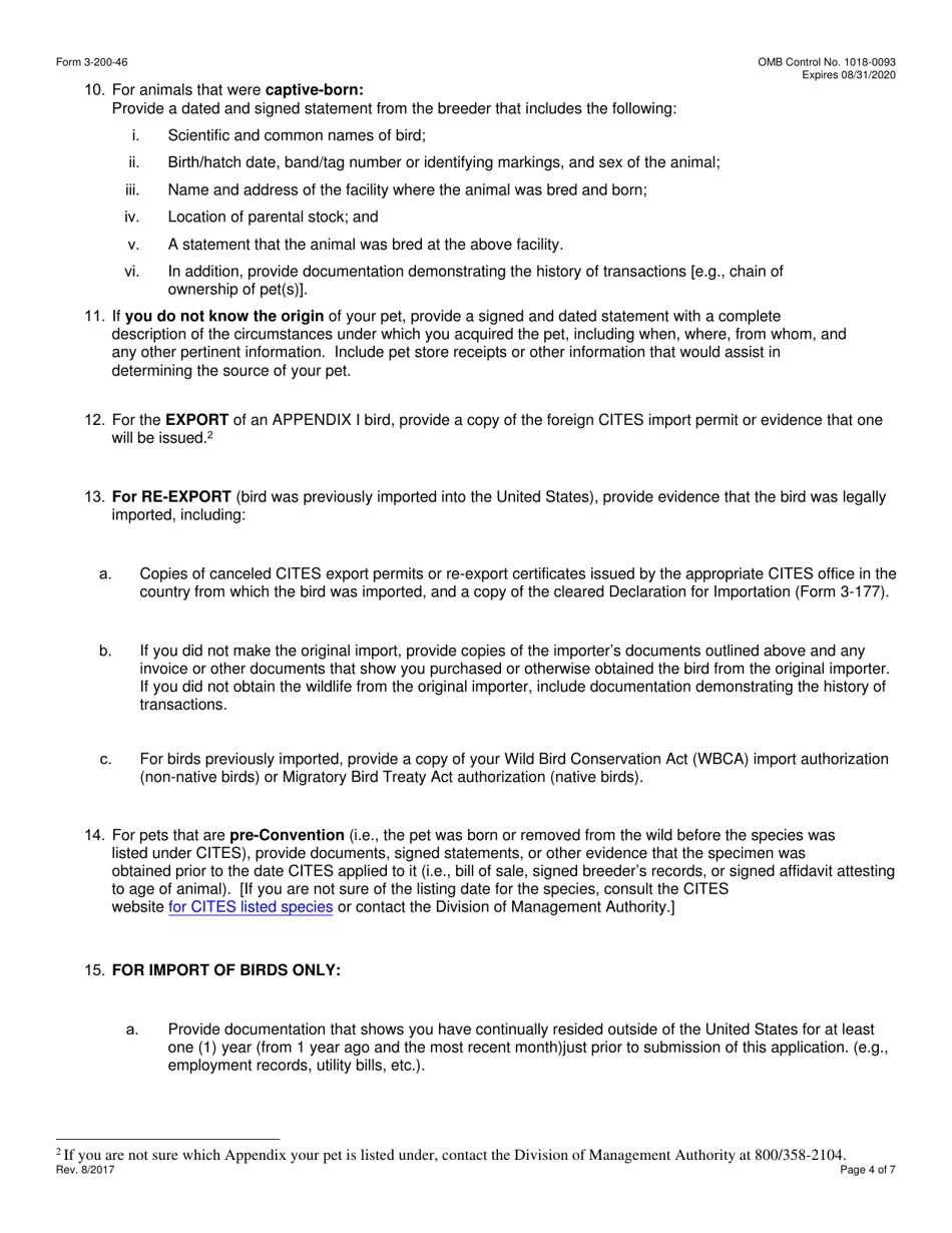 FWS Form 3-200-46 Federal Fish and Wildlife Permit Application Form - Import / Export / Re-export of Personal Pets Under the Convention on International Trade in Endangered Species (Cites) and / or the U.S. Endangered Species Act (Esa), Page 4