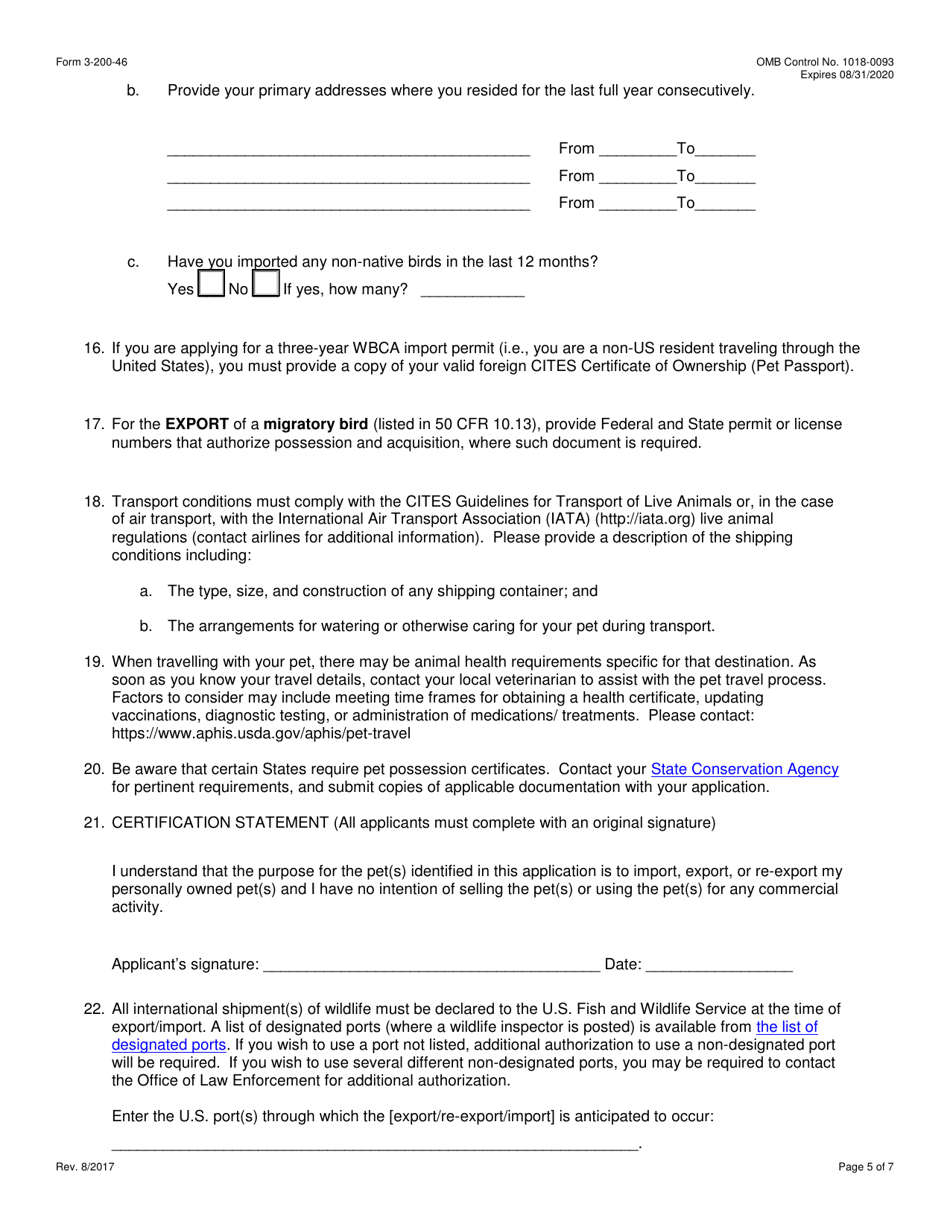 FWS Form 3-200-46 Federal Fish and Wildlife Permit Application Form - Import / Export / Re-export of Personal Pets Under the Convention on International Trade in Endangered Species (Cites) and / or the U.S. Endangered Species Act (Esa), Page 5