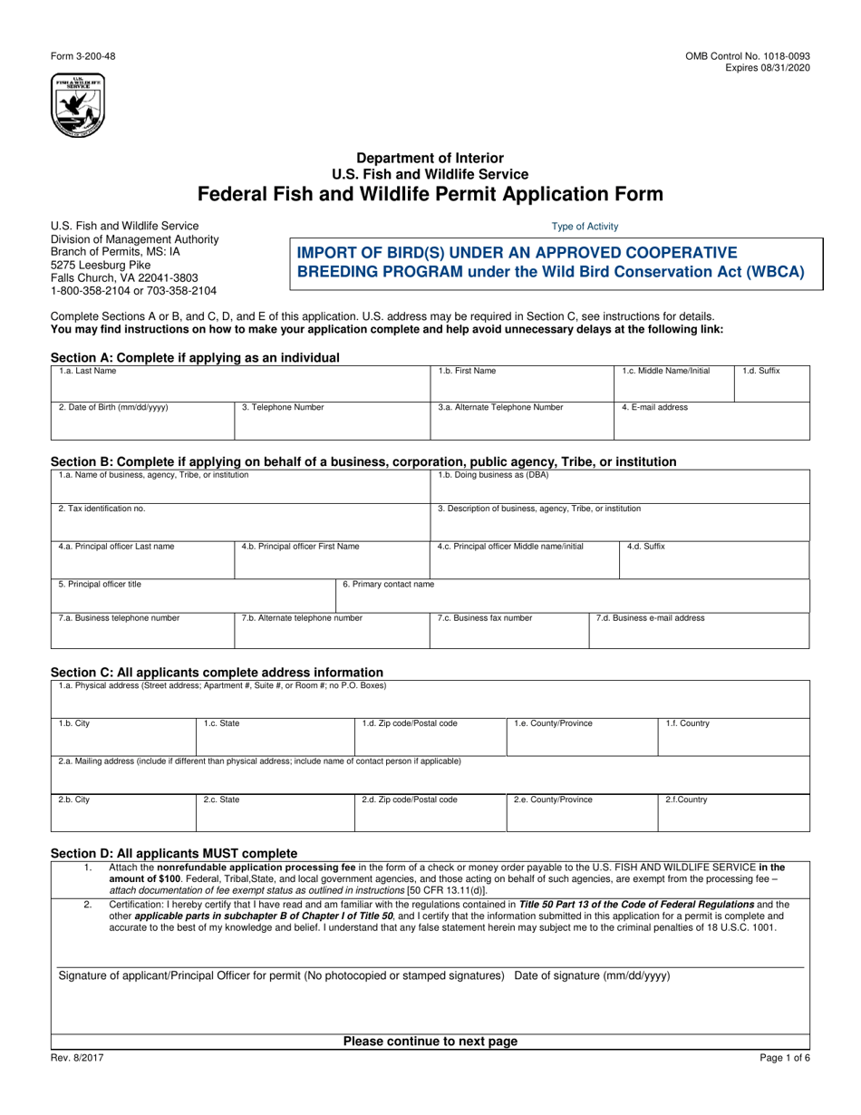 FWS Form 3-200-48 Federal Fish and Wildlife Permit Application Form - Import of Bird(S) Under an Approved Cooperative Breeding Program Under the Wild Bird Conservation Act (Wbca), Page 1