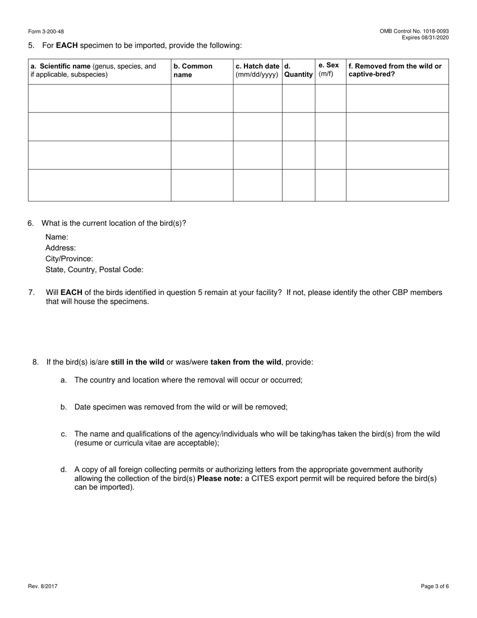 FWS Form 3-200-48 Federal Fish and Wildlife Permit Application Form - Import of Bird(S) Under an Approved Cooperative Breeding Program Under the Wild Bird Conservation Act (Wbca), Page 3