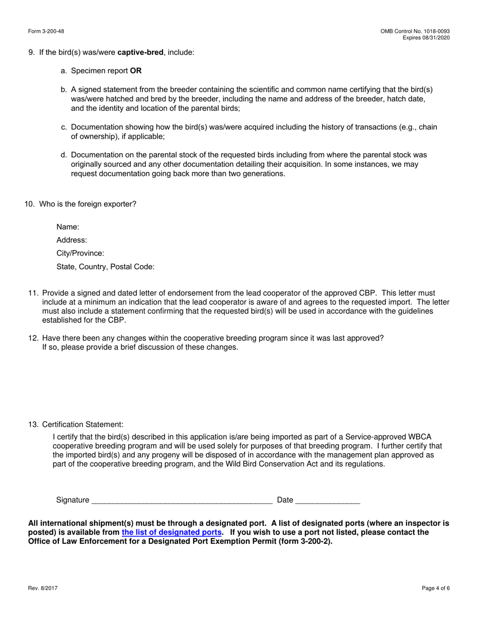 FWS Form 3-200-48 Federal Fish and Wildlife Permit Application Form - Import of Bird(S) Under an Approved Cooperative Breeding Program Under the Wild Bird Conservation Act (Wbca), Page 4