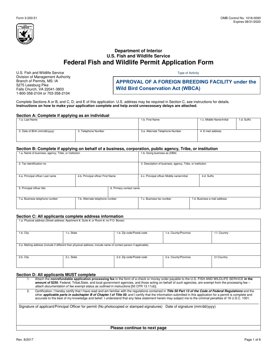 FWS Form 3-200-51 Federal Fish and Wildlife Permit Application Form - Approval of a Foreign Breeding Facility Under the Wild Bird Conservation Act (Wbca), Page 1