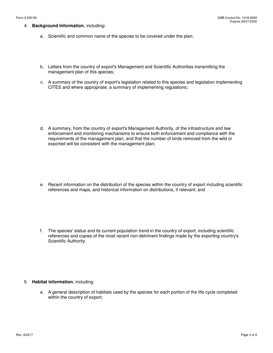 FWS Form 3-200-50 Federal Fish and Wildlife Permit Application Form - Approval of a Sustainable Use Management Plan Under the Wild Bird Conservation Act (Wbca), Page 3