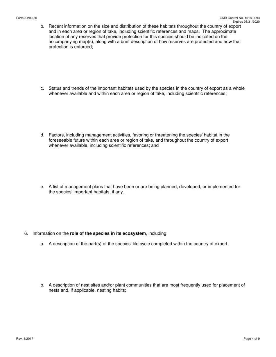 FWS Form 3-200-50 Federal Fish and Wildlife Permit Application Form - Approval of a Sustainable Use Management Plan Under the Wild Bird Conservation Act (Wbca), Page 4