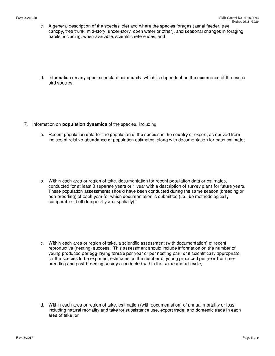 FWS Form 3-200-50 Federal Fish and Wildlife Permit Application Form - Approval of a Sustainable Use Management Plan Under the Wild Bird Conservation Act (Wbca), Page 5