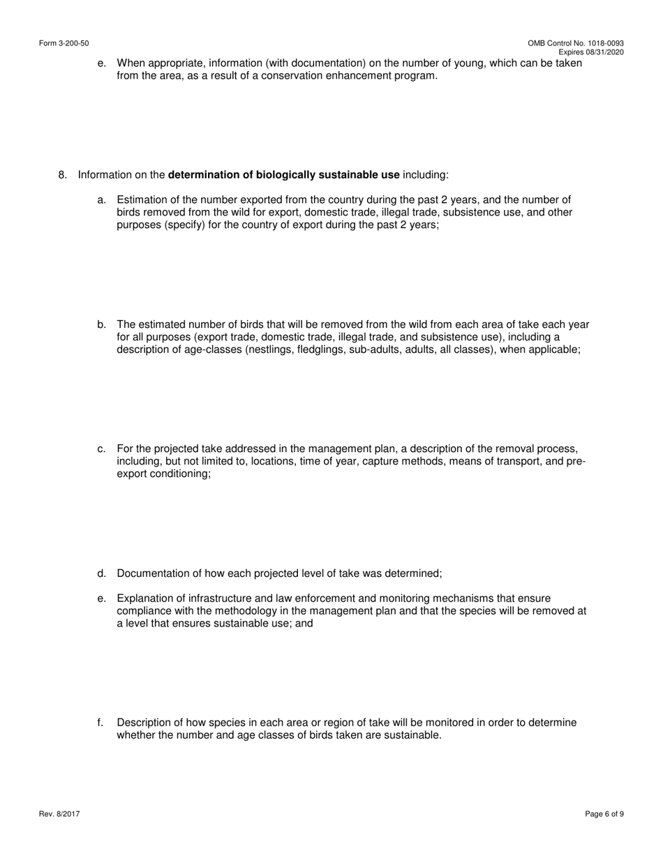 FWS Form 3-200-50 Federal Fish and Wildlife Permit Application Form - Approval of a Sustainable Use Management Plan Under the Wild Bird Conservation Act (Wbca), Page 6