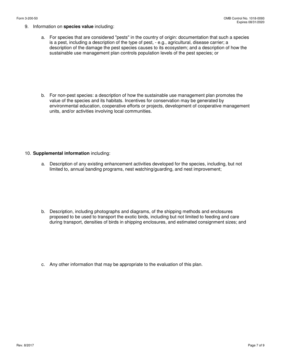 FWS Form 3-200-50 Federal Fish and Wildlife Permit Application Form - Approval of a Sustainable Use Management Plan Under the Wild Bird Conservation Act (Wbca), Page 7