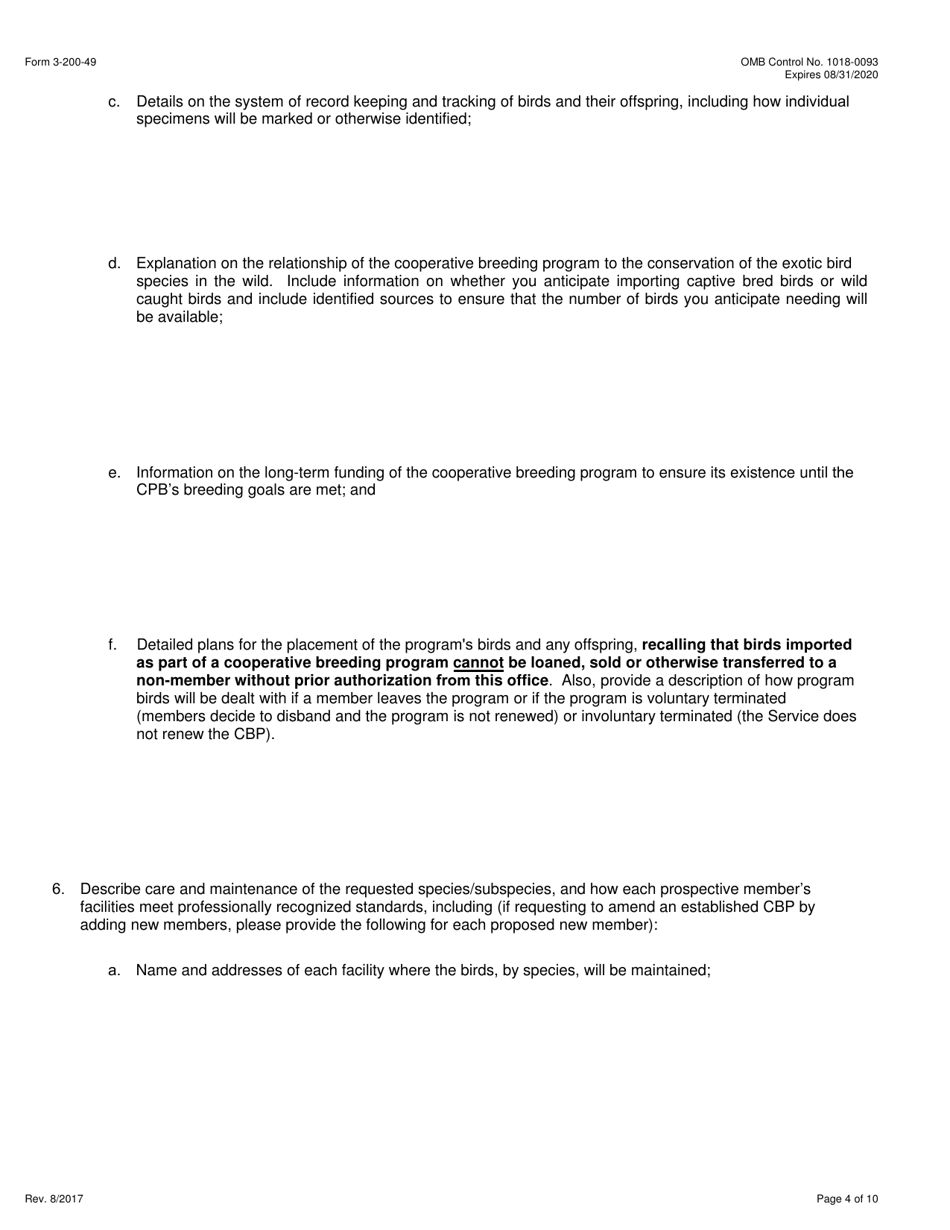 FWS Form 3-200-49 Federal Fish and Wildlife Permit Application Form - Approval, Amendment or Renewal of a Cooperative Breeding Program Under the Wild Bird Conservation Act (Wbca), Page 4