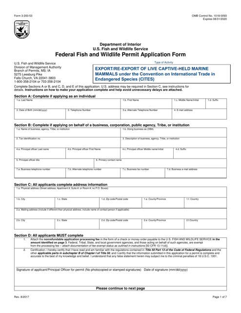 FWS Form 3-200-53 Federal Fish and Wildlife Permit Application Form - Export/Re-export of Live Captive-Held Marine Mammals Under the Convention on International Trade in Endangered Species (Cites)