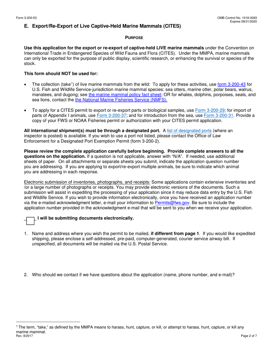 FWS Form 3-200-53 Federal Fish and Wildlife Permit Application Form - Export / Re-export of Live Captive-Held Marine Mammals Under the Convention on International Trade in Endangered Species (Cites), Page 2
