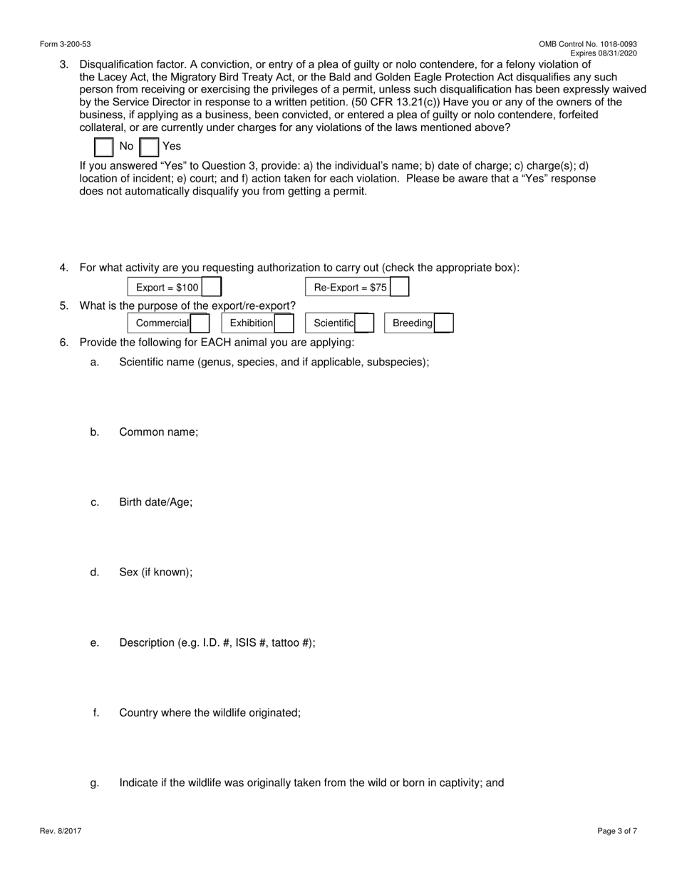 FWS Form 3-200-53 Federal Fish and Wildlife Permit Application Form - Export / Re-export of Live Captive-Held Marine Mammals Under the Convention on International Trade in Endangered Species (Cites), Page 3