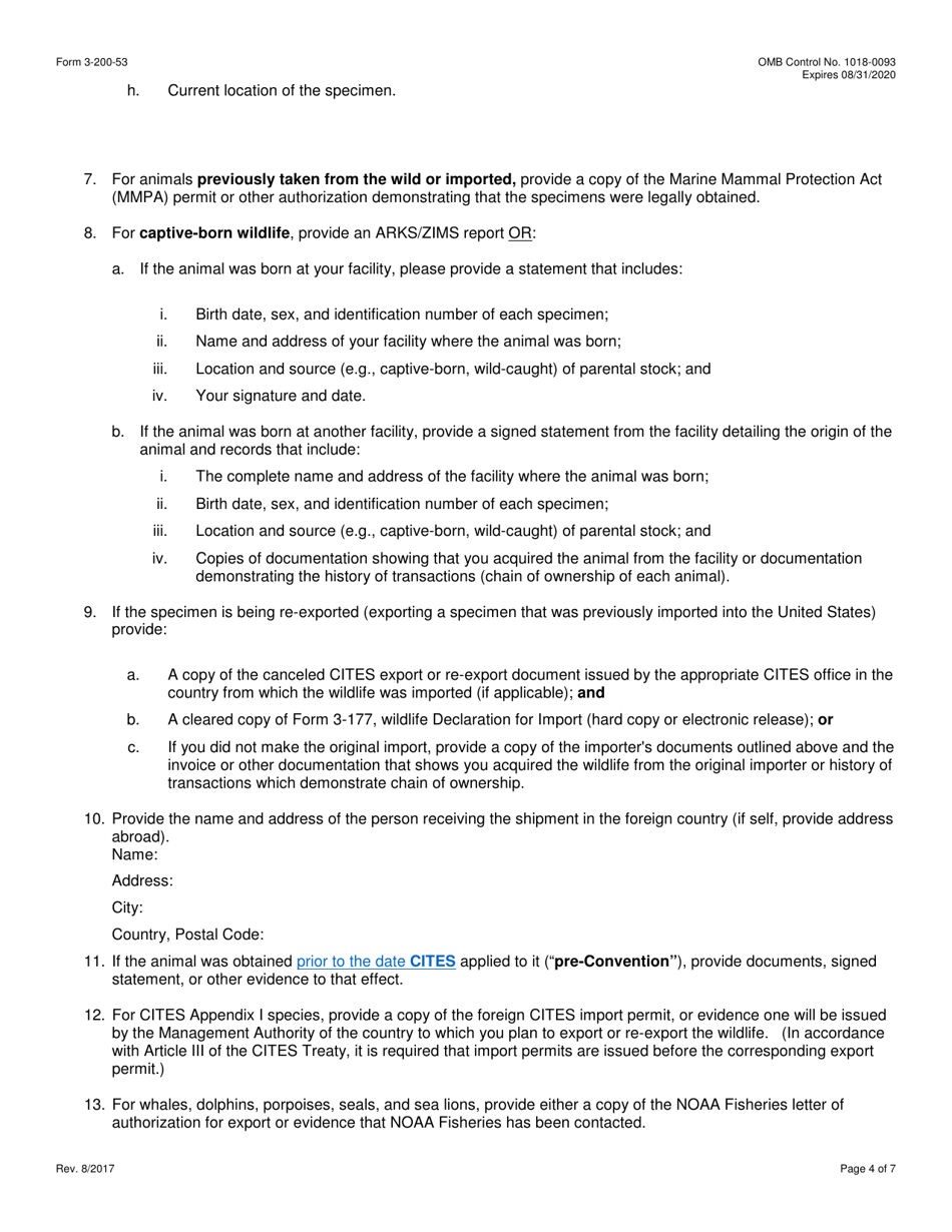 FWS Form 3-200-53 Federal Fish and Wildlife Permit Application Form - Export / Re-export of Live Captive-Held Marine Mammals Under the Convention on International Trade in Endangered Species (Cites), Page 4