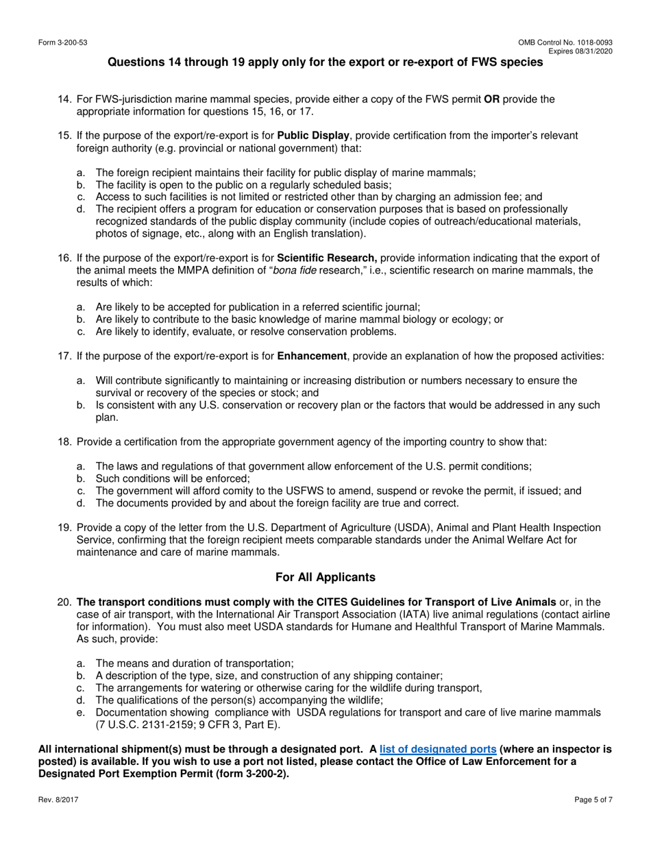 FWS Form 3-200-53 Federal Fish and Wildlife Permit Application Form - Export / Re-export of Live Captive-Held Marine Mammals Under the Convention on International Trade in Endangered Species (Cites), Page 5