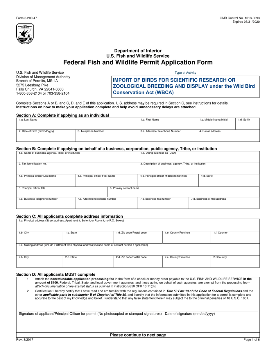 FWS Form 3-200-47 Federal Fish and Wildlife Permit Application Form - Import of Birds for Scientific Research or Zoological Breeding and Display Under the Wild Bird Conservation Act (Wbca), Page 1