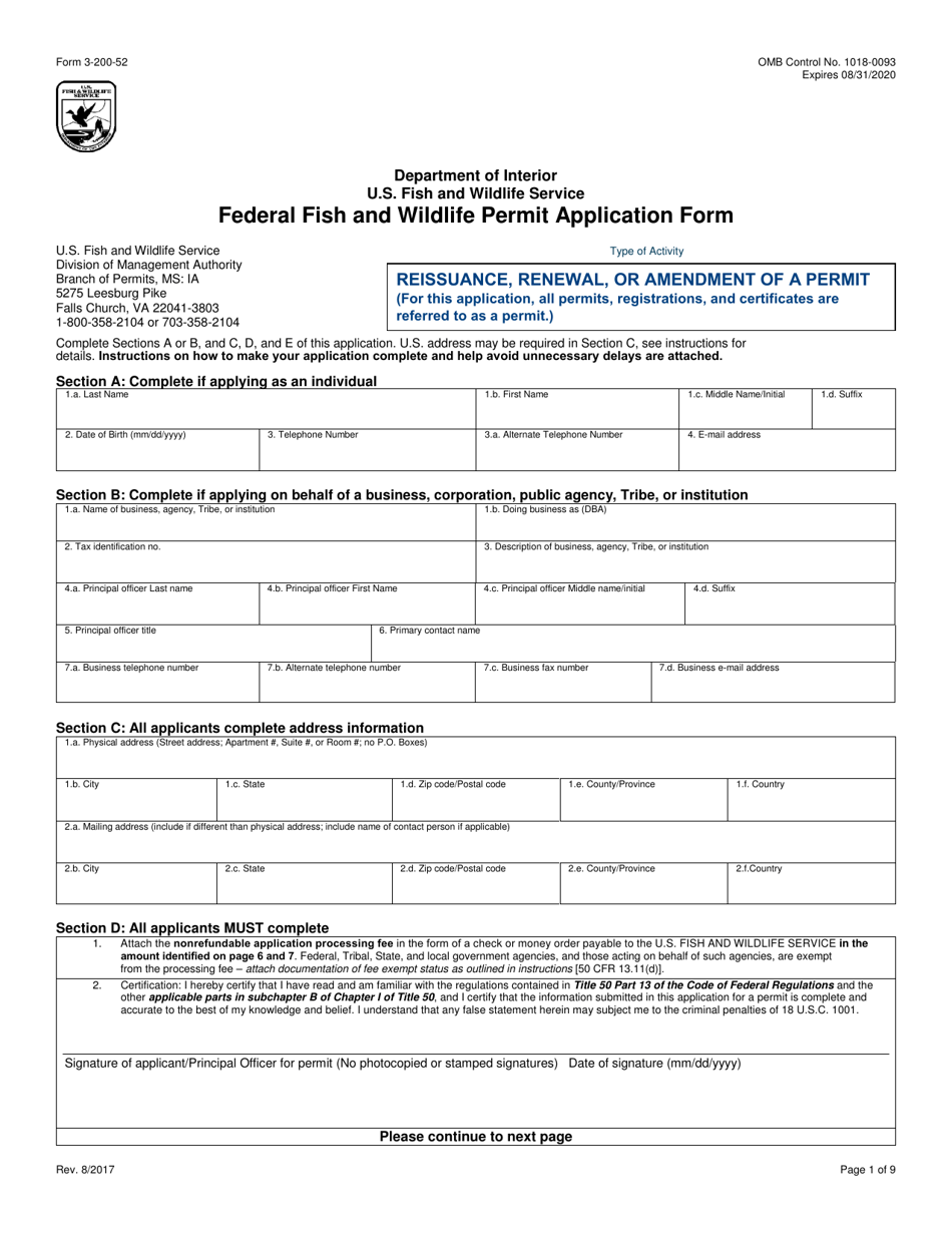 FWS Form 3-200-52 Federal Fish and Wildlife Permit Application Form - Reissuance, Renewal, or Amendment of a Permit, Page 1