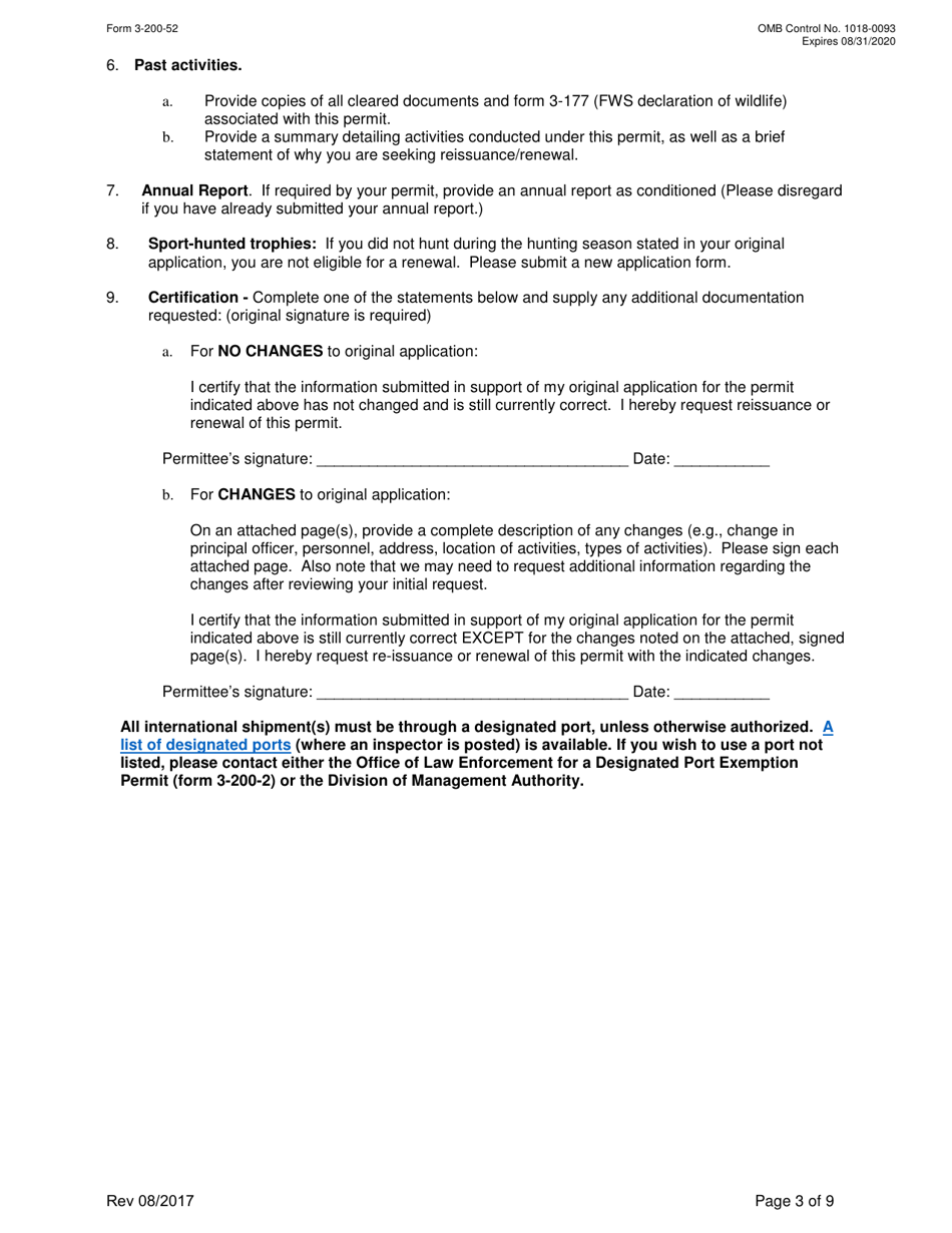 FWS Form 3-200-52 Federal Fish and Wildlife Permit Application Form - Reissuance, Renewal, or Amendment of a Permit, Page 3