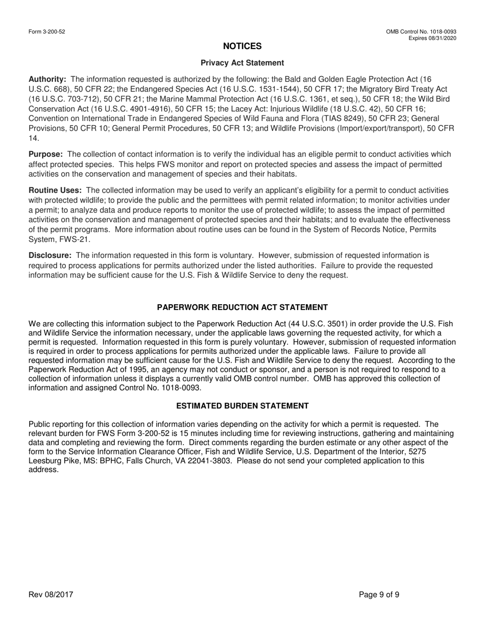 FWS Form 3-200-52 Federal Fish and Wildlife Permit Application Form - Reissuance, Renewal, or Amendment of a Permit, Page 9