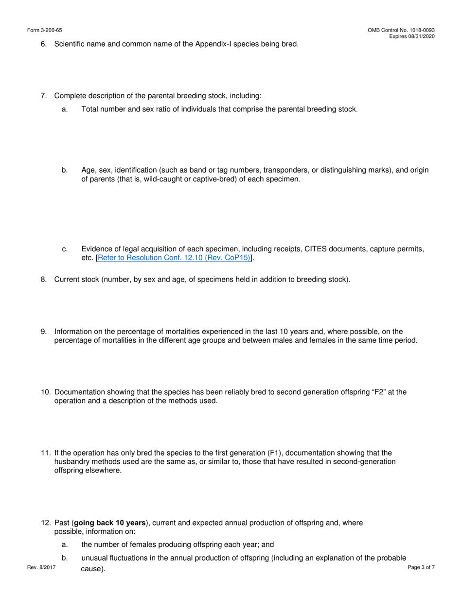 FWS Form 3-200-65 Federal Fish and Wildlife Permit Application Form - Registration of Appendix- I Commercial Breeding Operations Under the Convention on International Trade in Endangered Species (Cites), Page 3