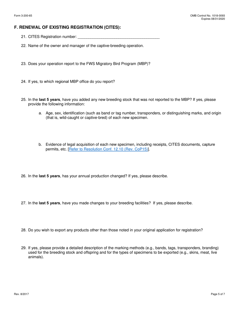 FWS Form 3-200-65 Federal Fish and Wildlife Permit Application Form - Registration of Appendix- I Commercial Breeding Operations Under the Convention on International Trade in Endangered Species (Cites), Page 5