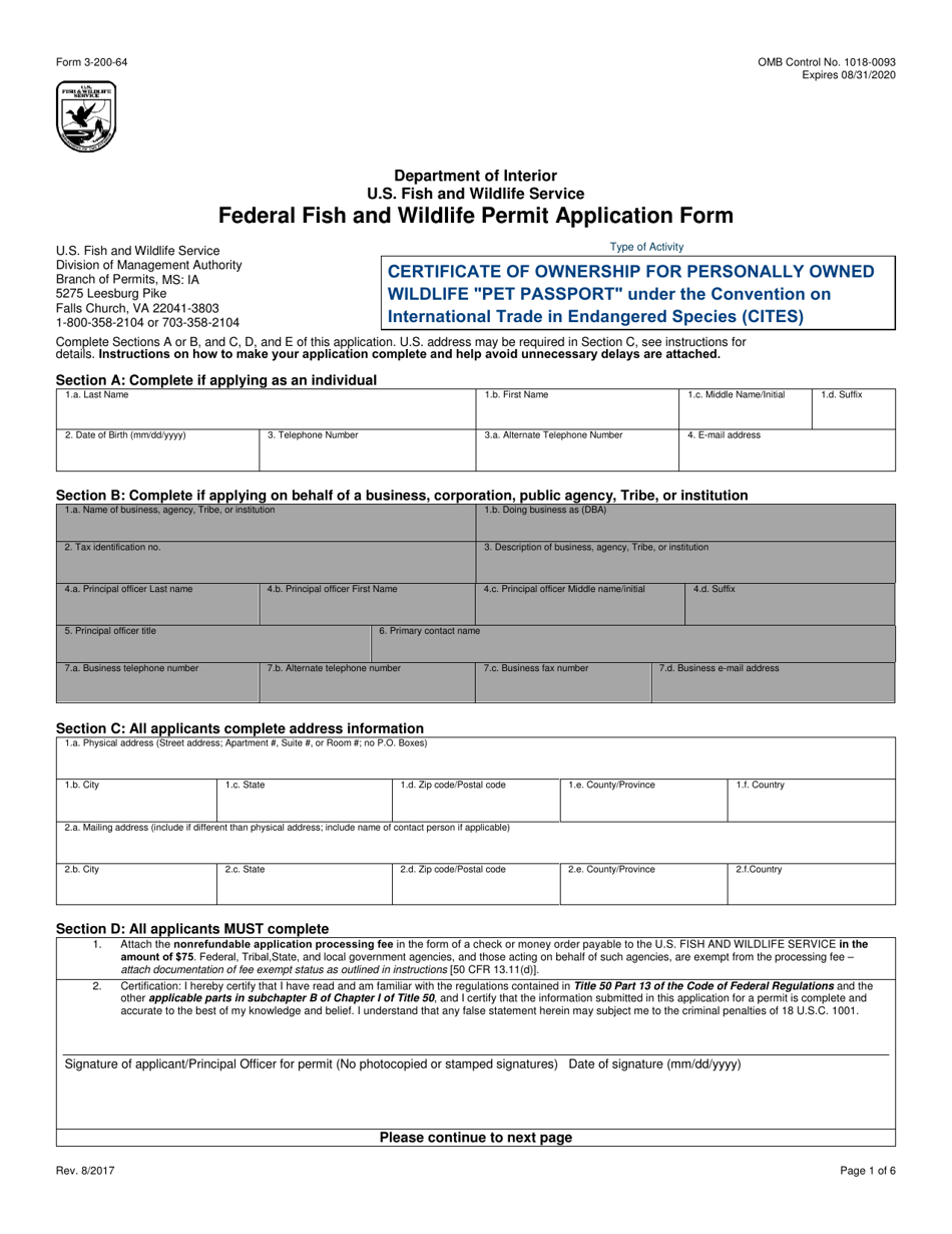FWS Form 3-200-64 Federal Fish and Wildlife Permit Application Form - Certificate of Ownership for Personally Owned Wildlife pet Passport Under the Convention on International Trade in Endangered Species (Cites), Page 1