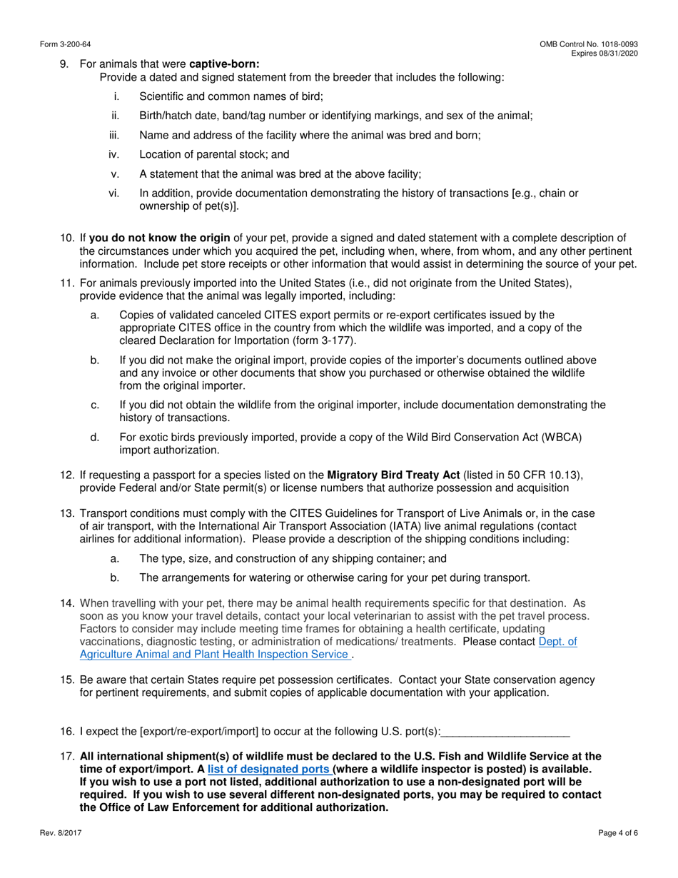 FWS Form 3-200-64 Federal Fish and Wildlife Permit Application Form - Certificate of Ownership for Personally Owned Wildlife pet Passport Under the Convention on International Trade in Endangered Species (Cites), Page 4