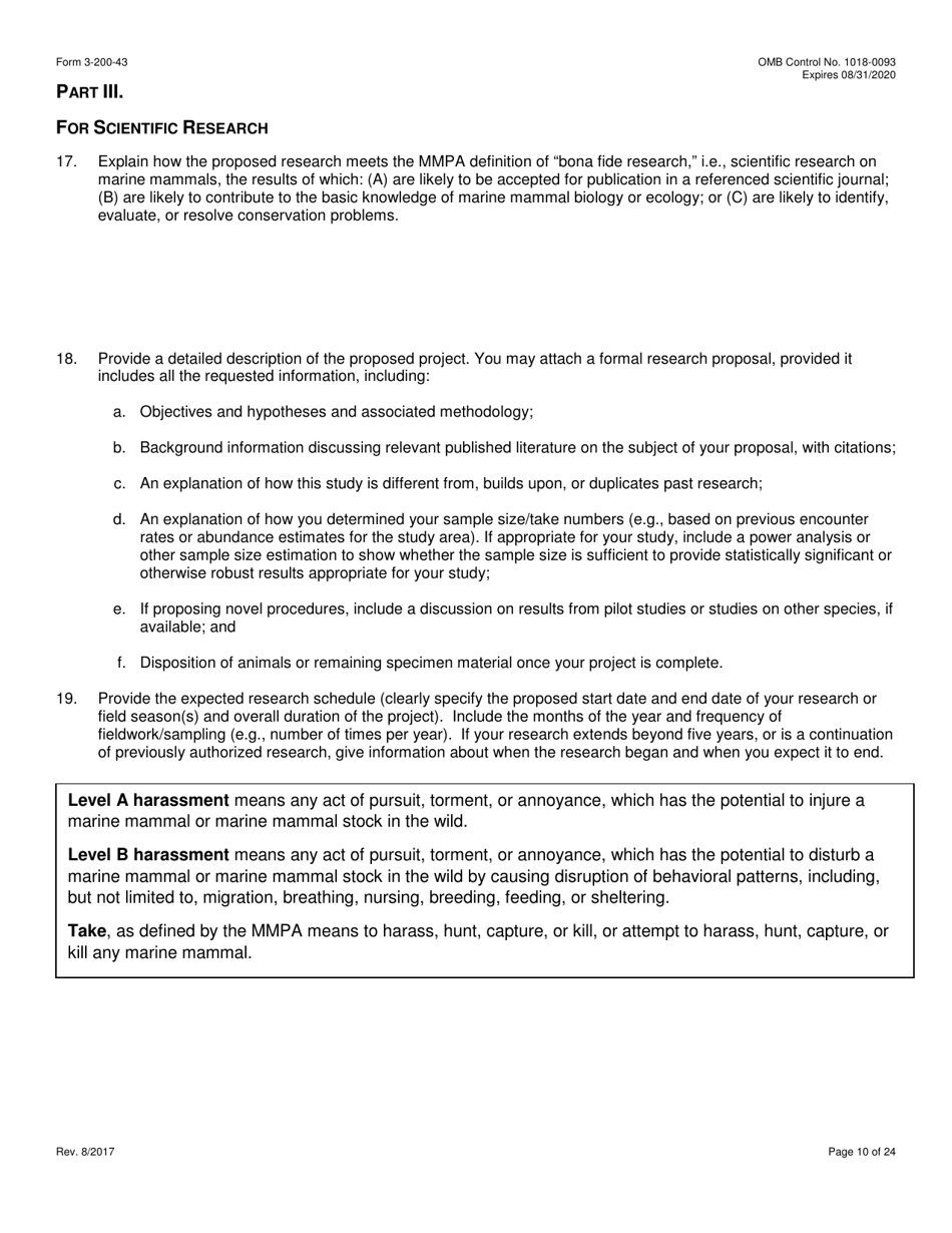 FWS Form 3-200-43 Federal Fish and Wildlife Permit Application Form - Take / Import / Export of Marine Mammals for Public Display, Scientific Research, Enhancement, or Rescue / Rehabilitation / Release Activities or Renewal / Amendment of Existing Permit (Mmpa and / or Esa), Page 10