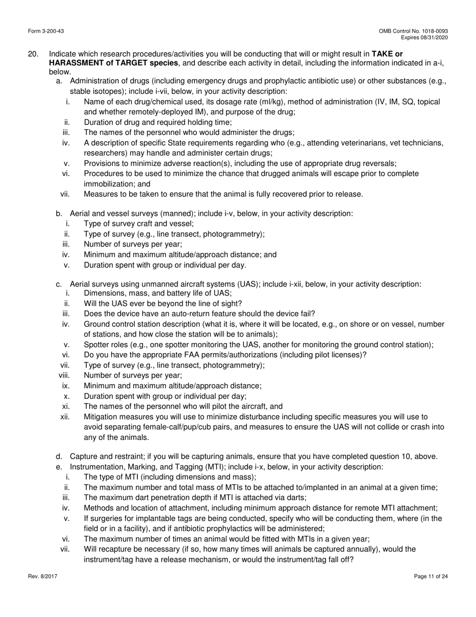 FWS Form 3-200-43 Federal Fish and Wildlife Permit Application Form - Take / Import / Export of Marine Mammals for Public Display, Scientific Research, Enhancement, or Rescue / Rehabilitation / Release Activities or Renewal / Amendment of Existing Permit (Mmpa and / or Esa), Page 11