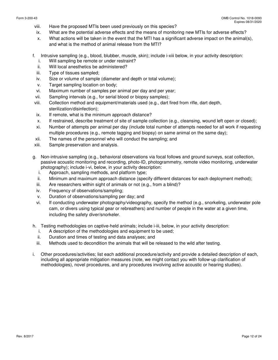 FWS Form 3-200-43 Federal Fish and Wildlife Permit Application Form - Take / Import / Export of Marine Mammals for Public Display, Scientific Research, Enhancement, or Rescue / Rehabilitation / Release Activities or Renewal / Amendment of Existing Permit (Mmpa and / or Esa), Page 12