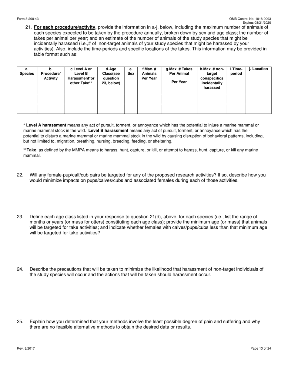 FWS Form 3-200-43 Federal Fish and Wildlife Permit Application Form - Take / Import / Export of Marine Mammals for Public Display, Scientific Research, Enhancement, or Rescue / Rehabilitation / Release Activities or Renewal / Amendment of Existing Permit (Mmpa and / or Esa), Page 13