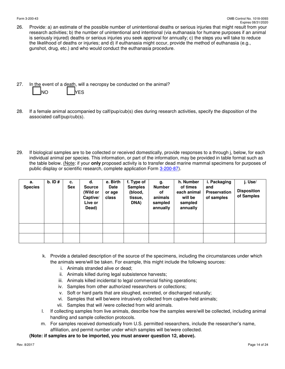 FWS Form 3-200-43 Federal Fish and Wildlife Permit Application Form - Take / Import / Export of Marine Mammals for Public Display, Scientific Research, Enhancement, or Rescue / Rehabilitation / Release Activities or Renewal / Amendment of Existing Permit (Mmpa and / or Esa), Page 14