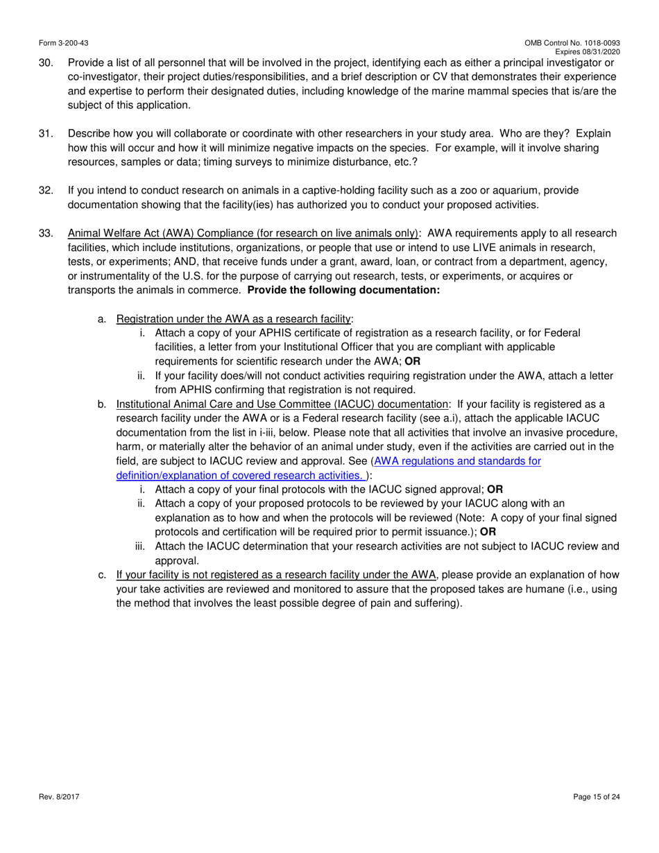 FWS Form 3-200-43 Federal Fish and Wildlife Permit Application Form - Take / Import / Export of Marine Mammals for Public Display, Scientific Research, Enhancement, or Rescue / Rehabilitation / Release Activities or Renewal / Amendment of Existing Permit (Mmpa and / or Esa), Page 15