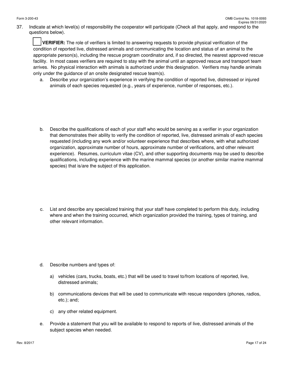 FWS Form 3-200-43 Federal Fish and Wildlife Permit Application Form - Take / Import / Export of Marine Mammals for Public Display, Scientific Research, Enhancement, or Rescue / Rehabilitation / Release Activities or Renewal / Amendment of Existing Permit (Mmpa and / or Esa), Page 17