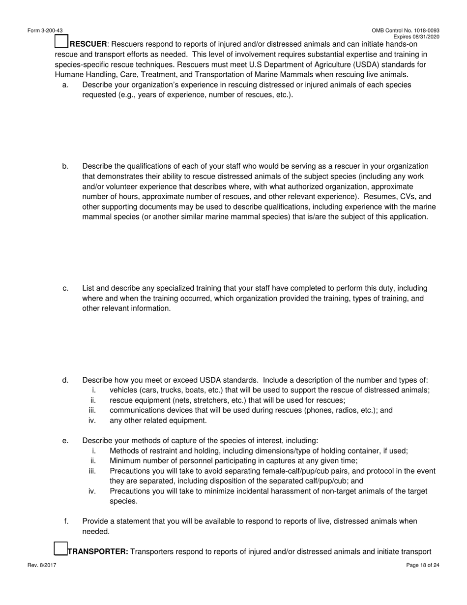 FWS Form 3-200-43 Federal Fish and Wildlife Permit Application Form - Take / Import / Export of Marine Mammals for Public Display, Scientific Research, Enhancement, or Rescue / Rehabilitation / Release Activities or Renewal / Amendment of Existing Permit (Mmpa and / or Esa), Page 18