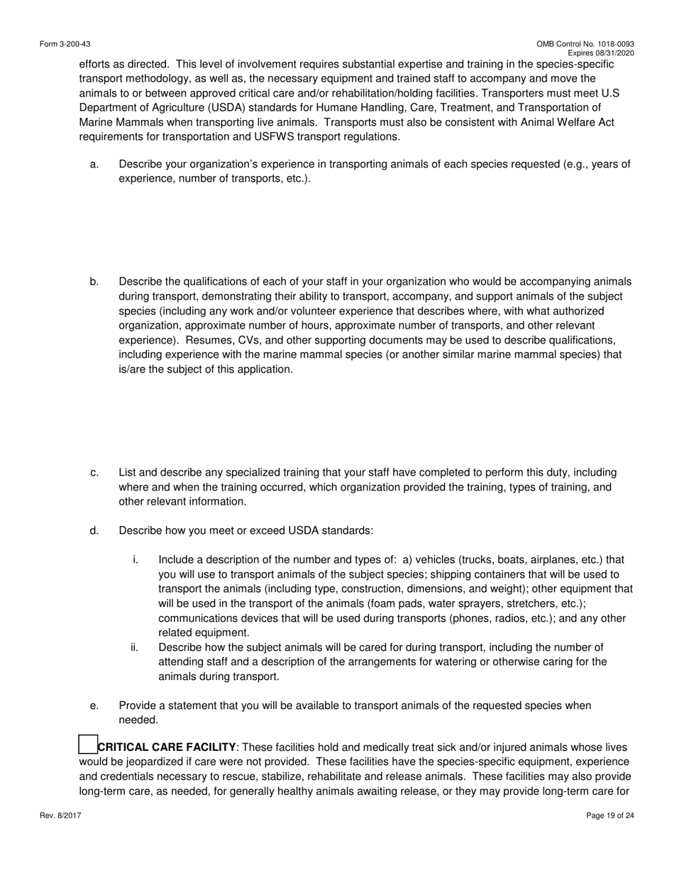 FWS Form 3-200-43 Federal Fish and Wildlife Permit Application Form - Take / Import / Export of Marine Mammals for Public Display, Scientific Research, Enhancement, or Rescue / Rehabilitation / Release Activities or Renewal / Amendment of Existing Permit (Mmpa and / or Esa), Page 19