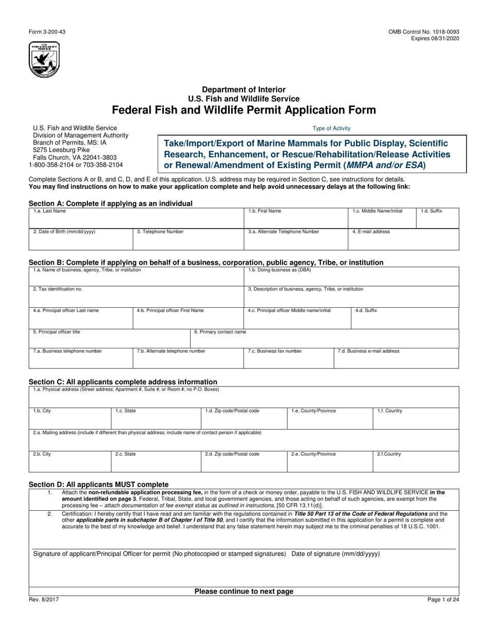 FWS Form 3-200-43 Federal Fish and Wildlife Permit Application Form - Take/Import/Export of Marine Mammals for Public Display, Scientific Research, Enhancement, or Rescue/Rehabilitation/Release Activities or Renewal/Amendment of Existing Permit (Mmpa and/or Esa), Page 1