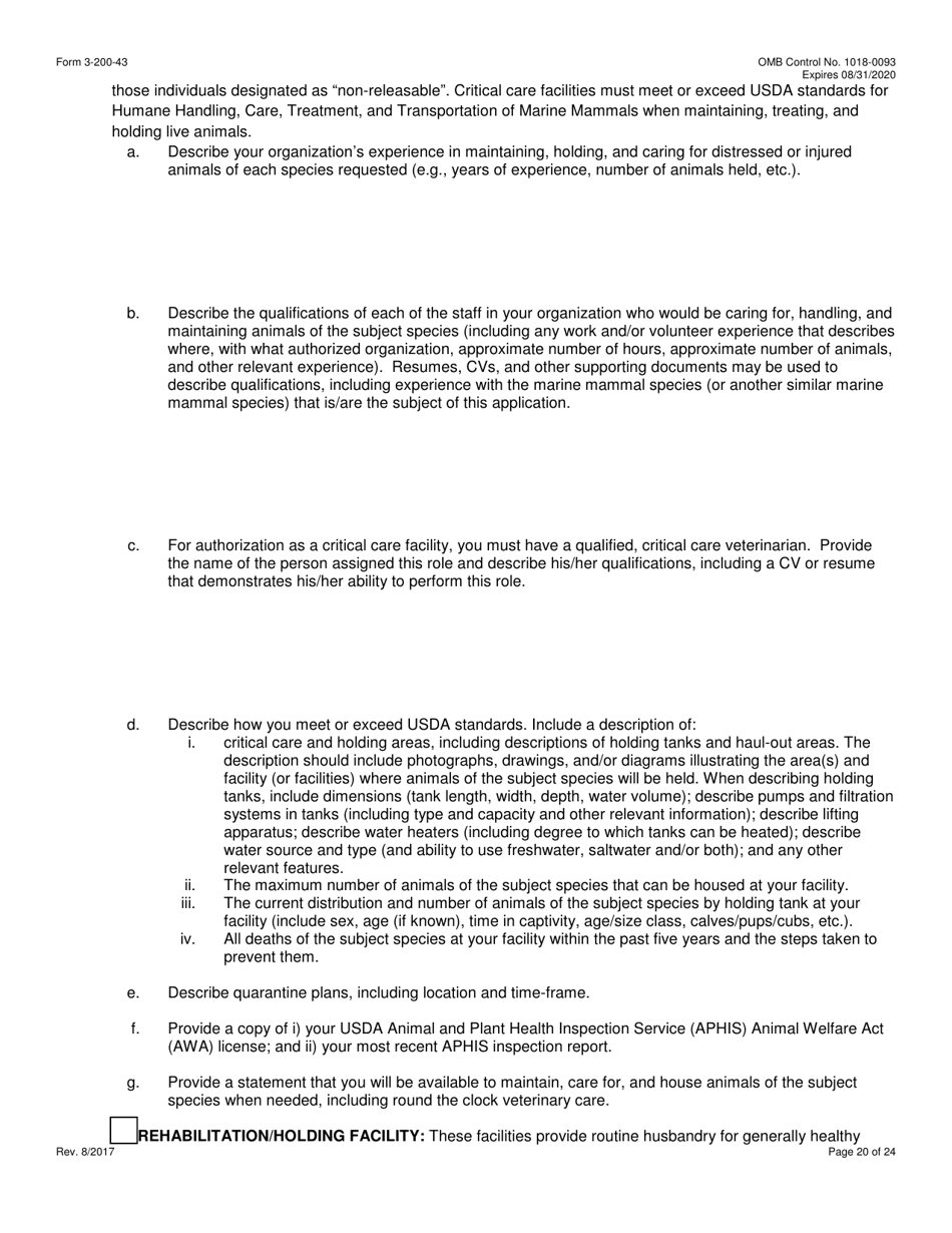 FWS Form 3-200-43 Federal Fish and Wildlife Permit Application Form - Take / Import / Export of Marine Mammals for Public Display, Scientific Research, Enhancement, or Rescue / Rehabilitation / Release Activities or Renewal / Amendment of Existing Permit (Mmpa and / or Esa), Page 20