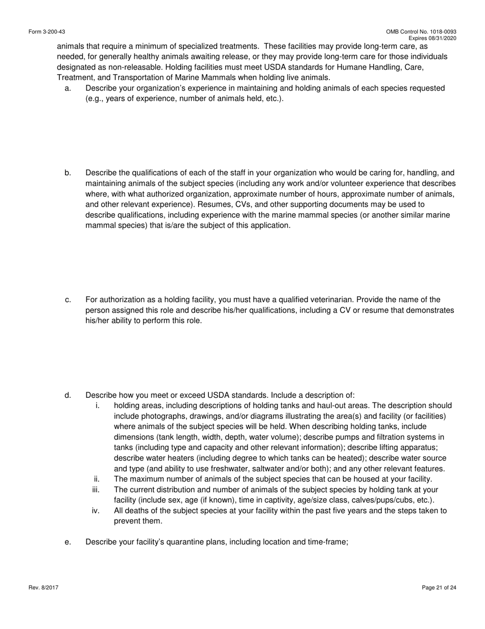FWS Form 3-200-43 Federal Fish and Wildlife Permit Application Form - Take / Import / Export of Marine Mammals for Public Display, Scientific Research, Enhancement, or Rescue / Rehabilitation / Release Activities or Renewal / Amendment of Existing Permit (Mmpa and / or Esa), Page 21