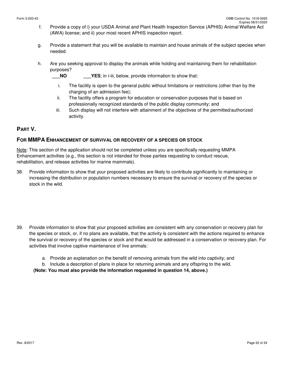FWS Form 3-200-43 Federal Fish and Wildlife Permit Application Form - Take / Import / Export of Marine Mammals for Public Display, Scientific Research, Enhancement, or Rescue / Rehabilitation / Release Activities or Renewal / Amendment of Existing Permit (Mmpa and / or Esa), Page 22