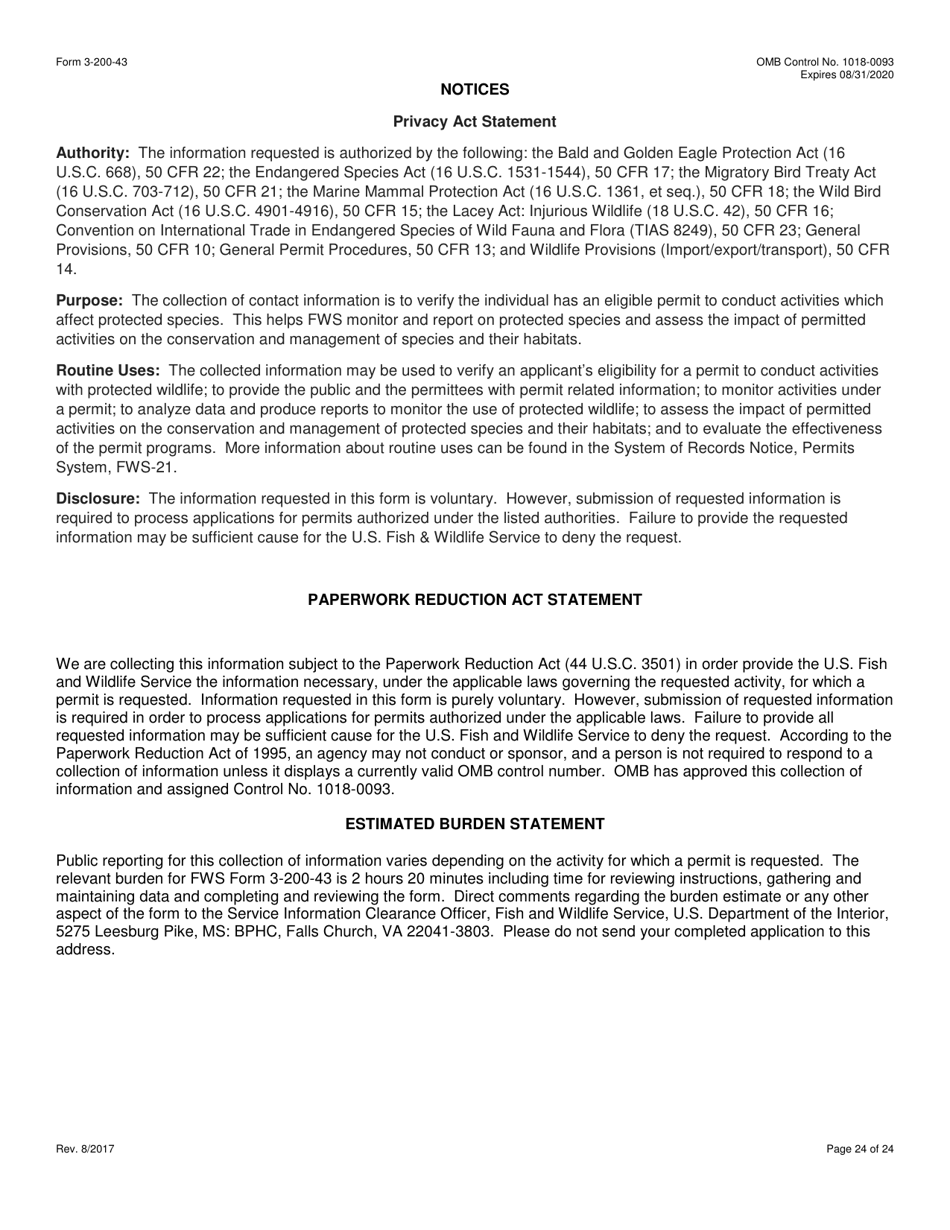 FWS Form 3-200-43 Federal Fish and Wildlife Permit Application Form - Take / Import / Export of Marine Mammals for Public Display, Scientific Research, Enhancement, or Rescue / Rehabilitation / Release Activities or Renewal / Amendment of Existing Permit (Mmpa and / or Esa), Page 24
