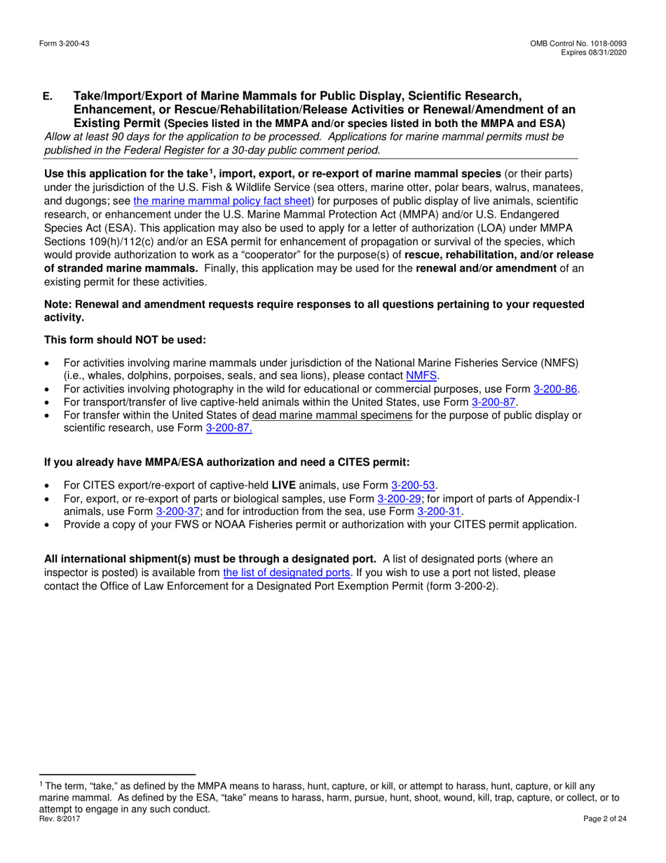 FWS Form 3-200-43 Federal Fish and Wildlife Permit Application Form - Take / Import / Export of Marine Mammals for Public Display, Scientific Research, Enhancement, or Rescue / Rehabilitation / Release Activities or Renewal / Amendment of Existing Permit (Mmpa and / or Esa), Page 2